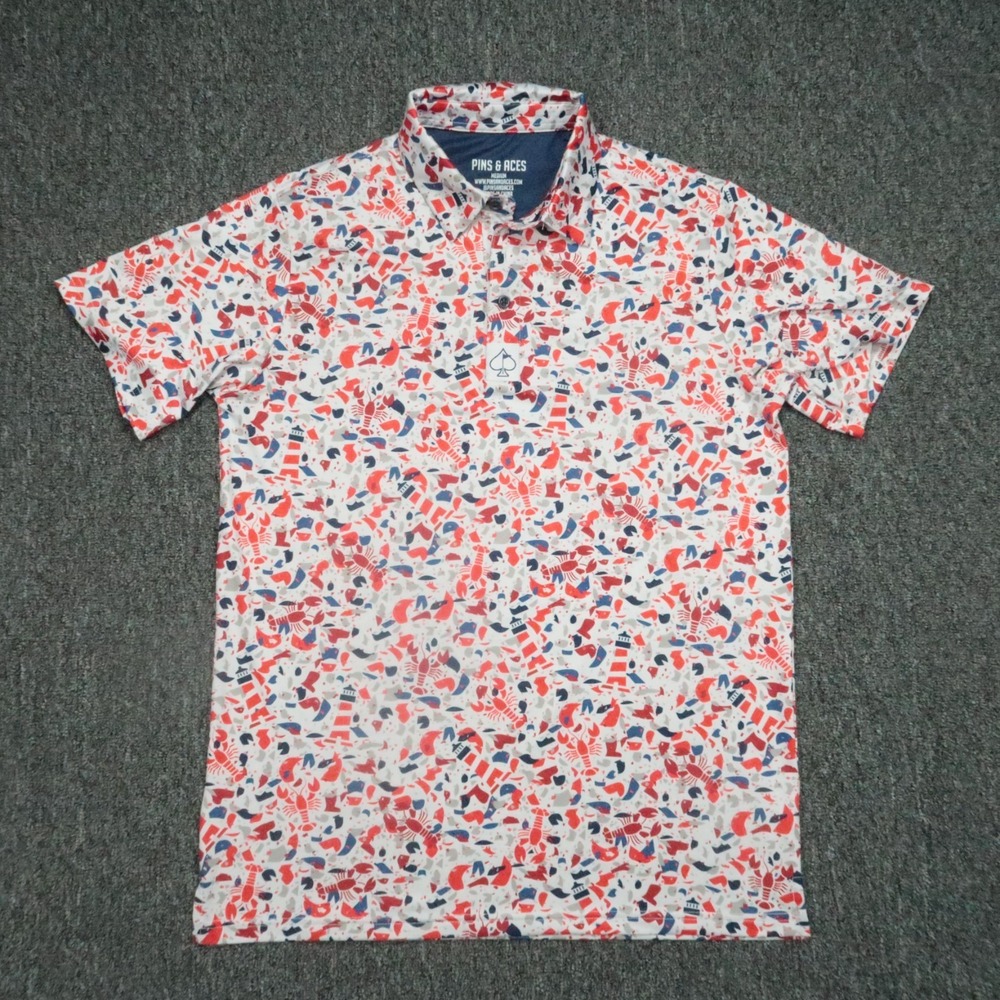 Pins & Aces Shirt Mens Medium White Red Blue Performance Polo Lobster Crawfish